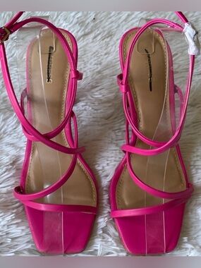 Express vibrant pink sexy straps square toe heels party sandals shoes